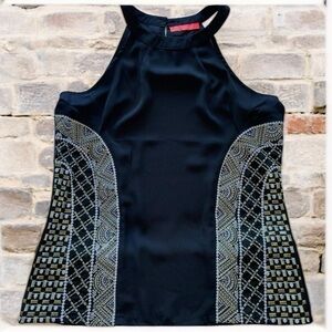 Lulumari Black Silky Halter Top Metallic Thread Embroidered Accent Panels Sz S